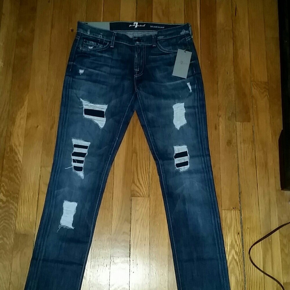 7 For All Mankind Women’s Skinny Jeans - Dark Blue with Distressed Rips
